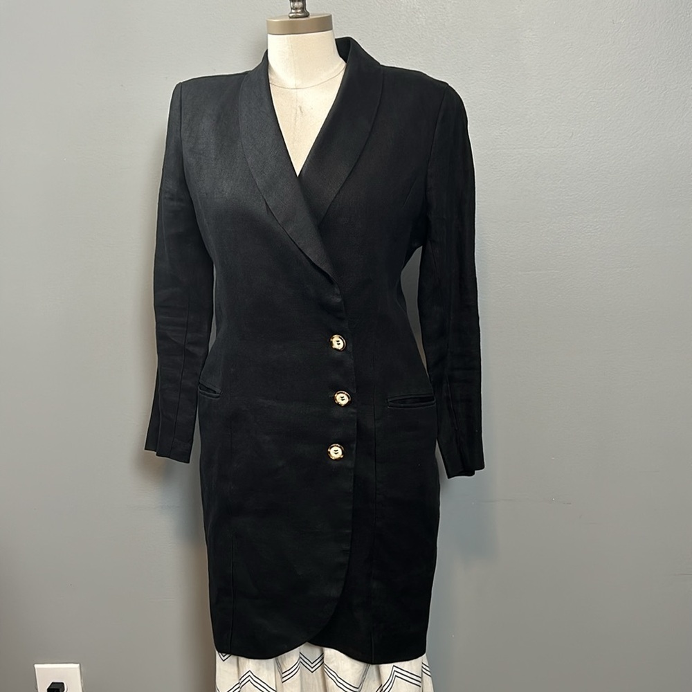 Vintage Black Cotton Linen Single Button Longline blazer size 8
